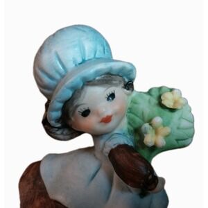 Vtg Lefton Handpainted Porcelain Bonnet Girl w/ Brown Hair Blue Dress MCM Kitsch